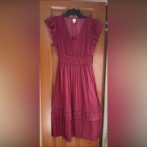 Roan & Ryan Maroon Pleated Midi Dress